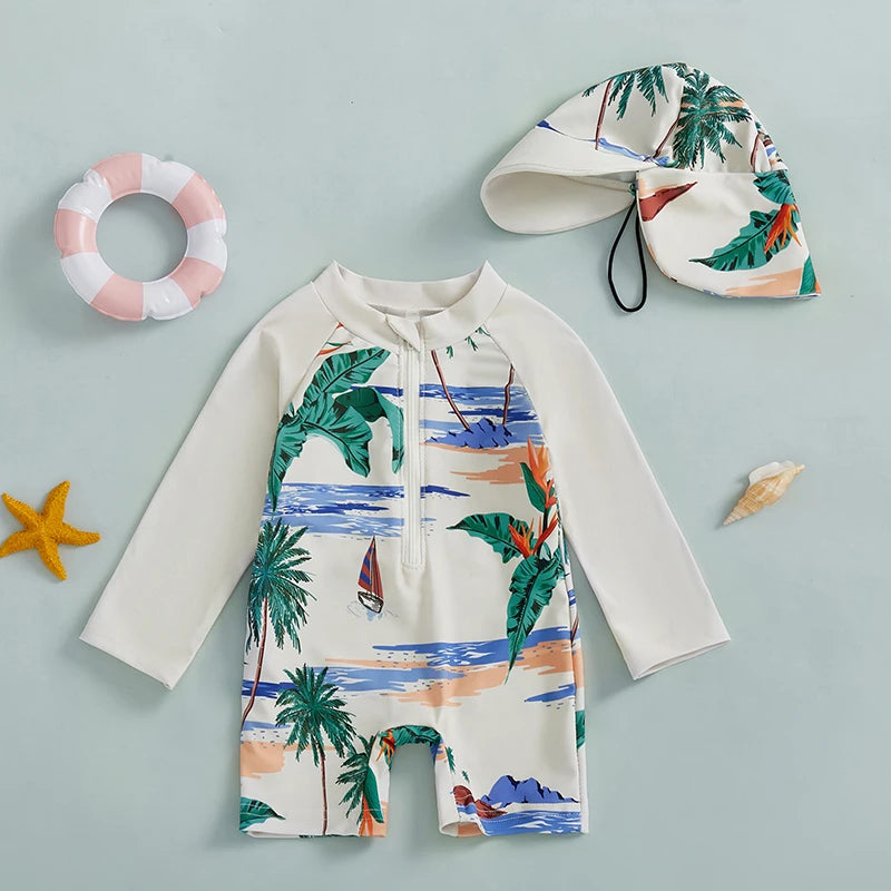 Kids Long Sleeve Rash Guard Swim Set – One‑Piece Suit & Sun Hat
