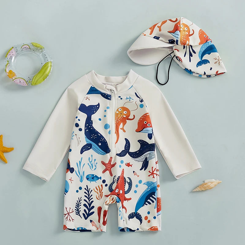 Kids Long Sleeve Rash Guard Swim Set – One‑Piece Suit & Sun Hat