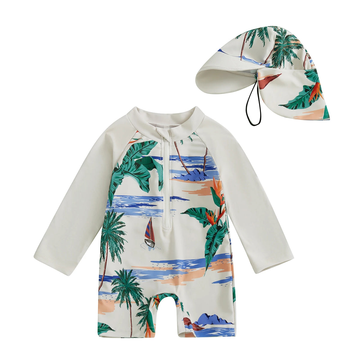 Kids Long Sleeve Rash Guard Swim Set – One‑Piece Suit & Sun Hat