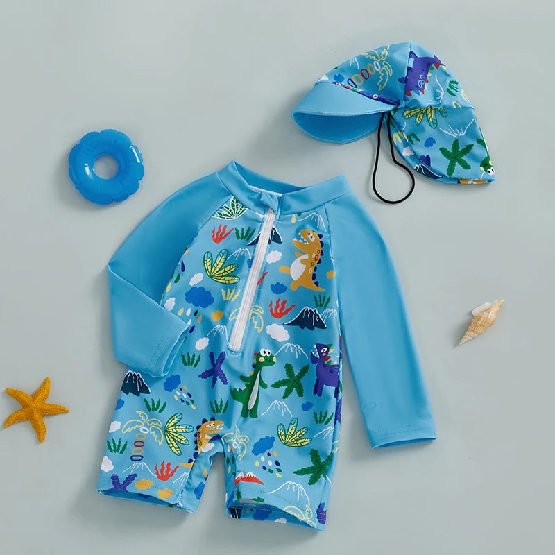 Kids Long Sleeve Rash Guard Swim Set – One‑Piece Suit & Sun Hat