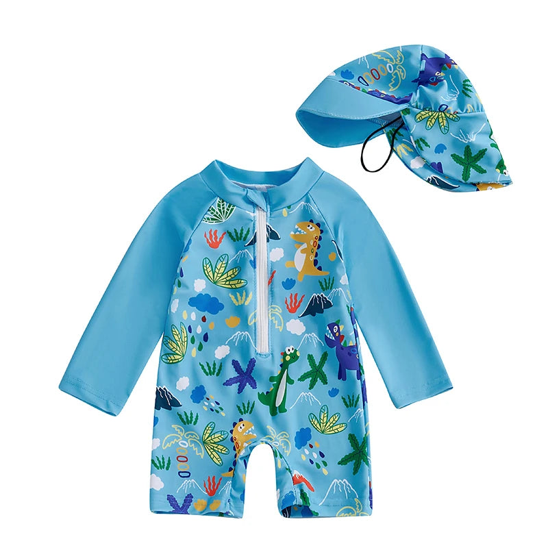 Kids Long Sleeve Rash Guard Swim Set – One‑Piece Suit & Sun Hat