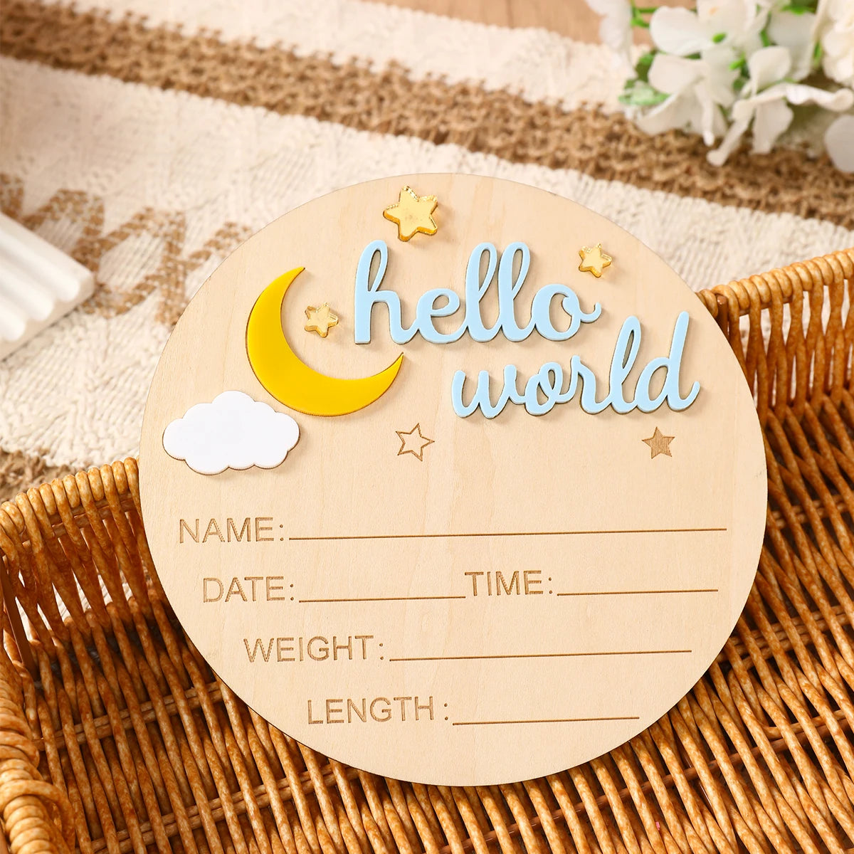 Hello World Newborn Announcement Sign – Wooden Baby Birth Plaque