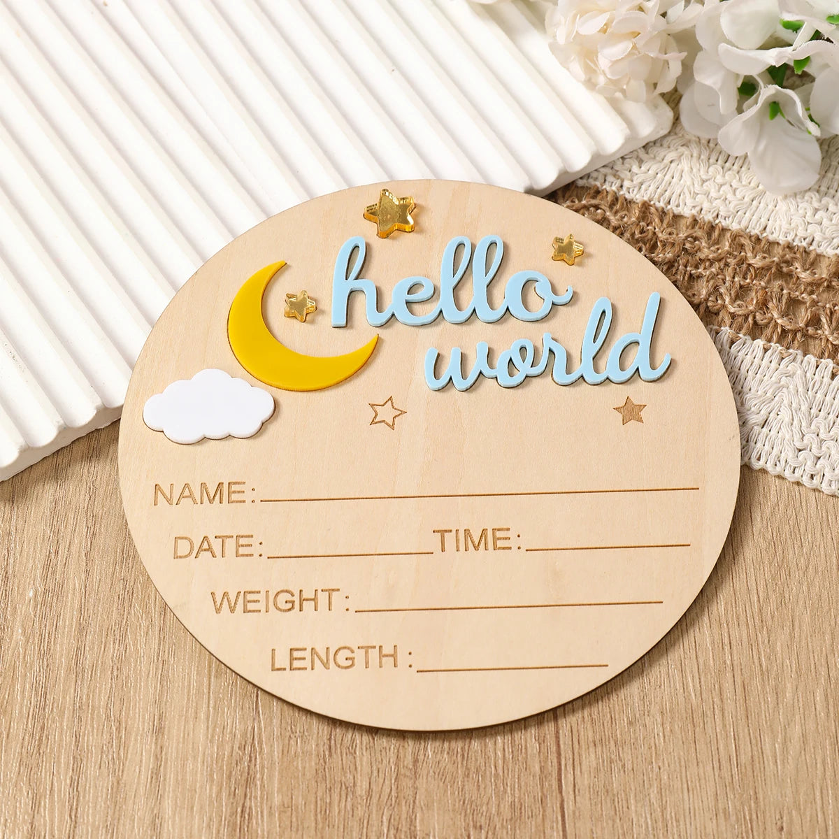 Hello World Newborn Announcement Sign – Wooden Baby Birth Plaque