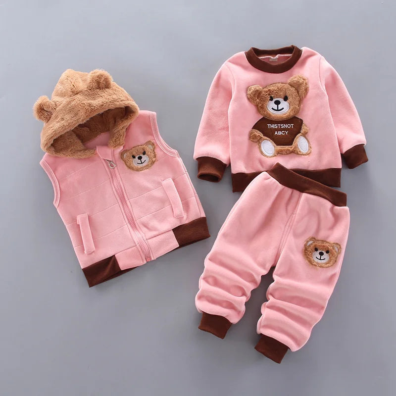 Warm Bear Hooded Kidswear Set – 3‑Piece Winter Outfit (0–4Y)