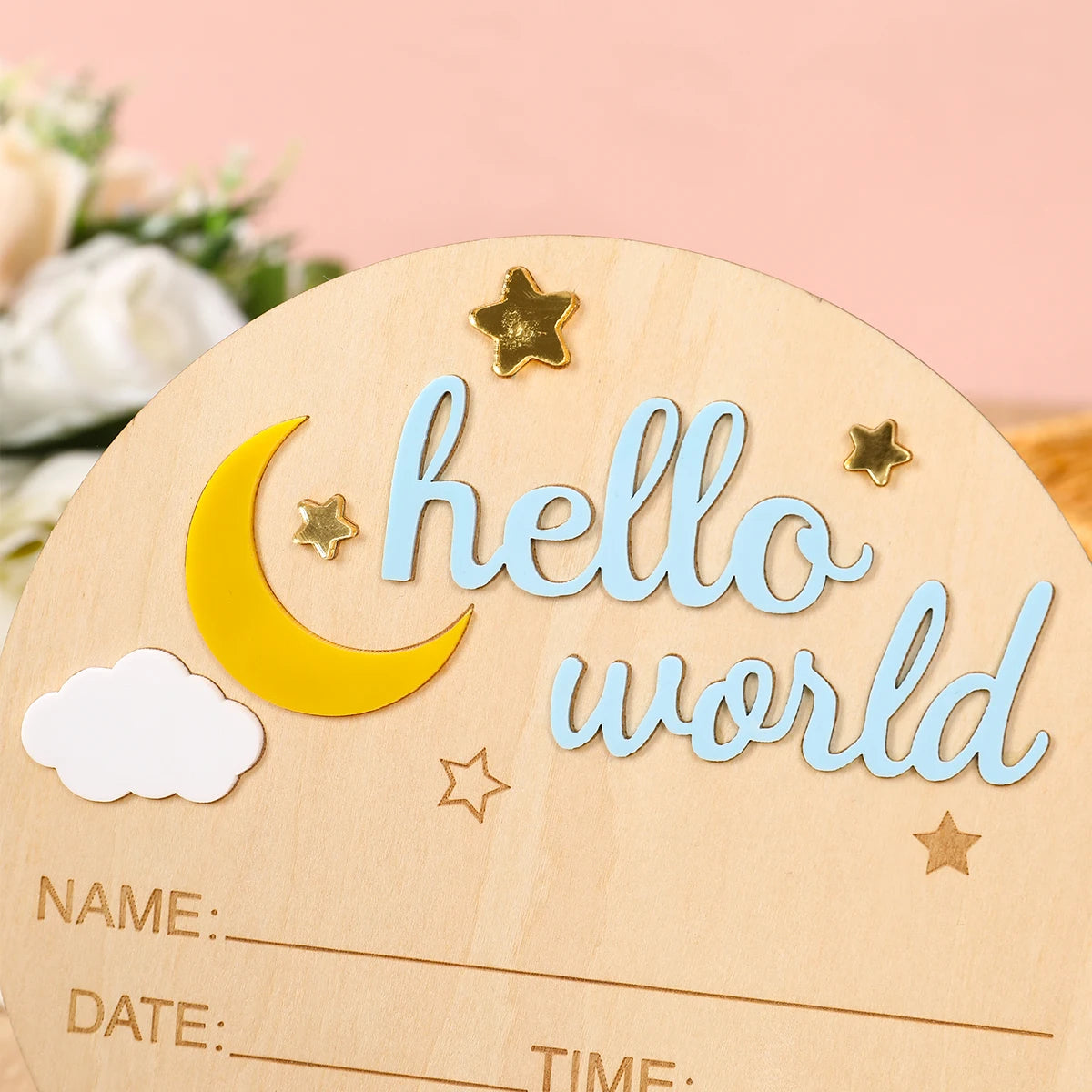 Hello World Newborn Announcement Sign – Wooden Baby Birth Plaque
