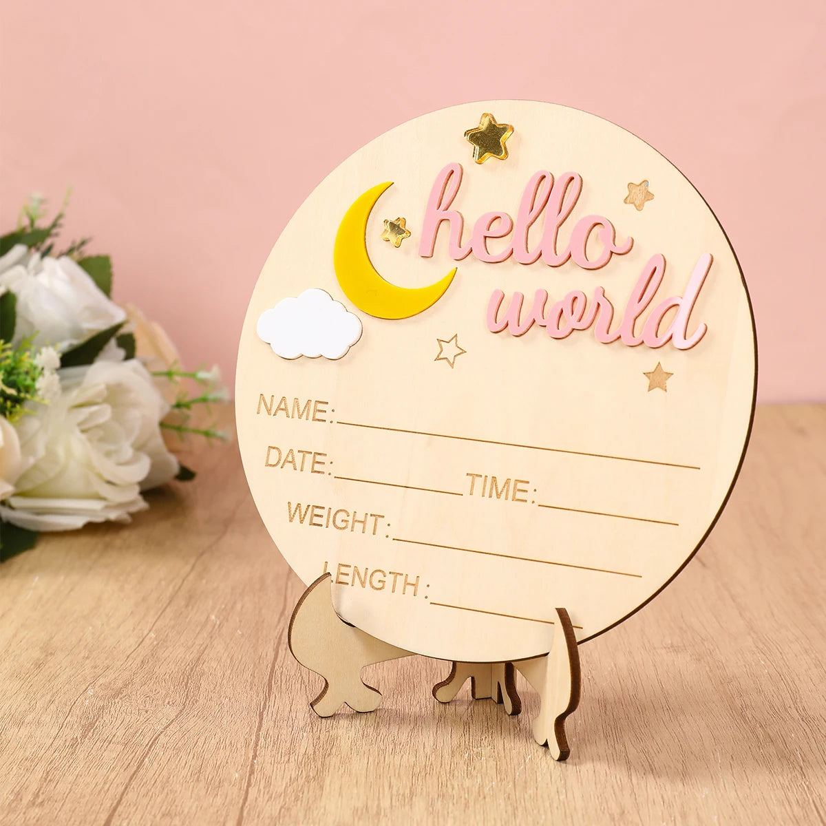 Hello World Newborn Announcement Sign – Wooden Baby Birth Plaque