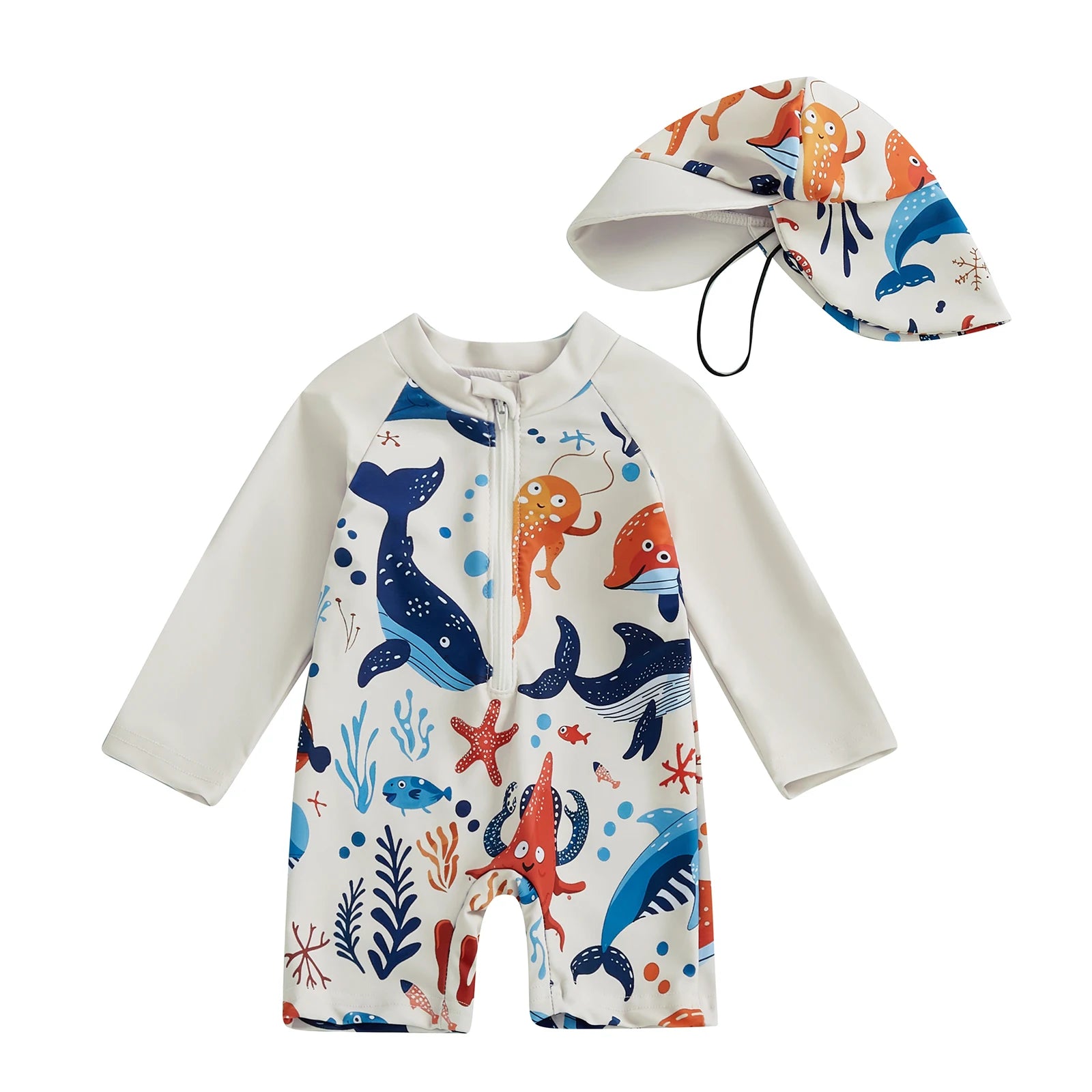 Kids Long Sleeve Rash Guard Swim Set – One‑Piece Suit & Sun Hat