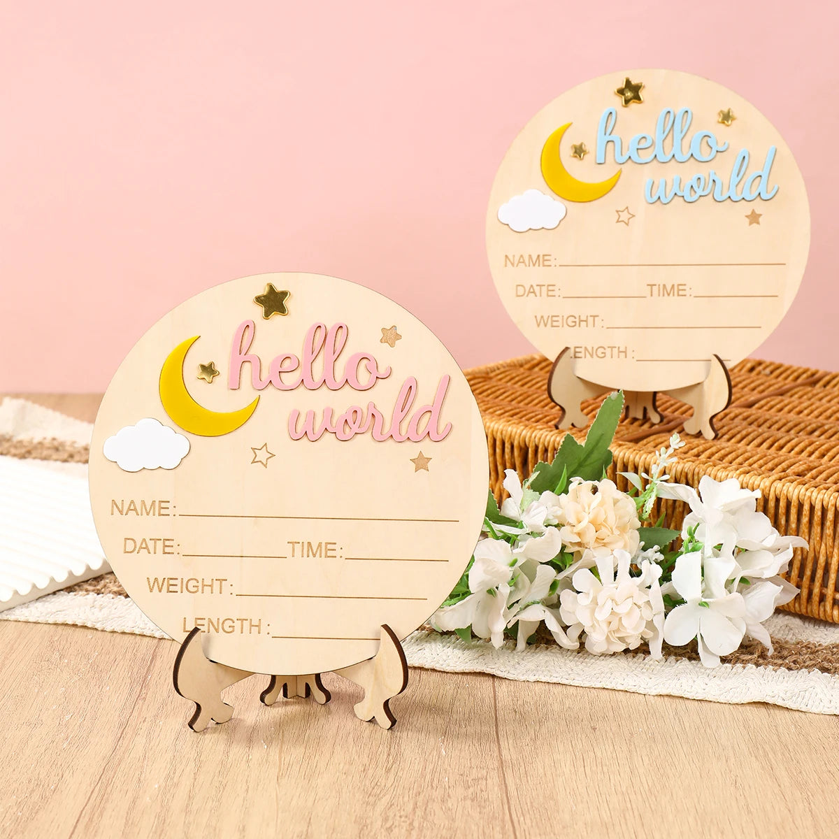 Hello World Newborn Announcement Sign – Wooden Baby Birth Plaque