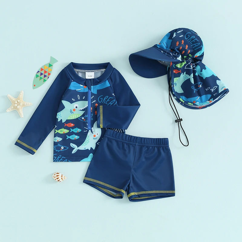 Toddler Boys 3‑Piece Rash Guard Swim Set – Long Sleeve Top, Shorts & Hat